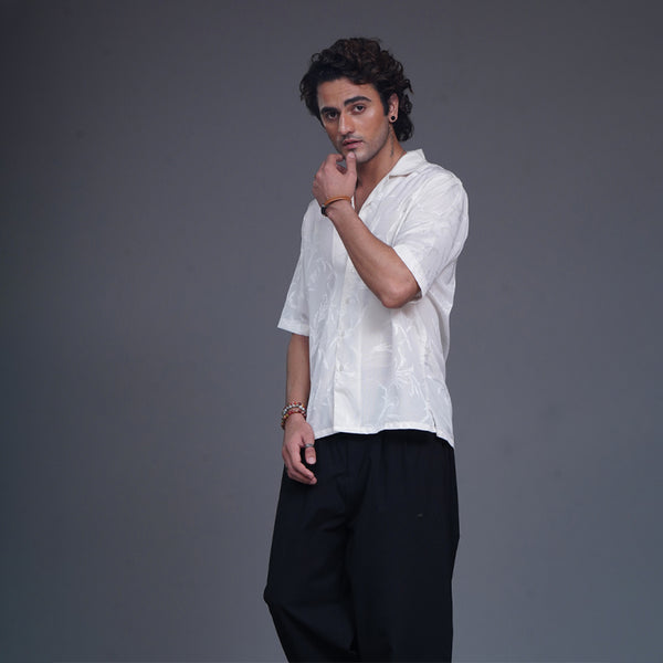 White Self Embossed Resort Colar Shirt