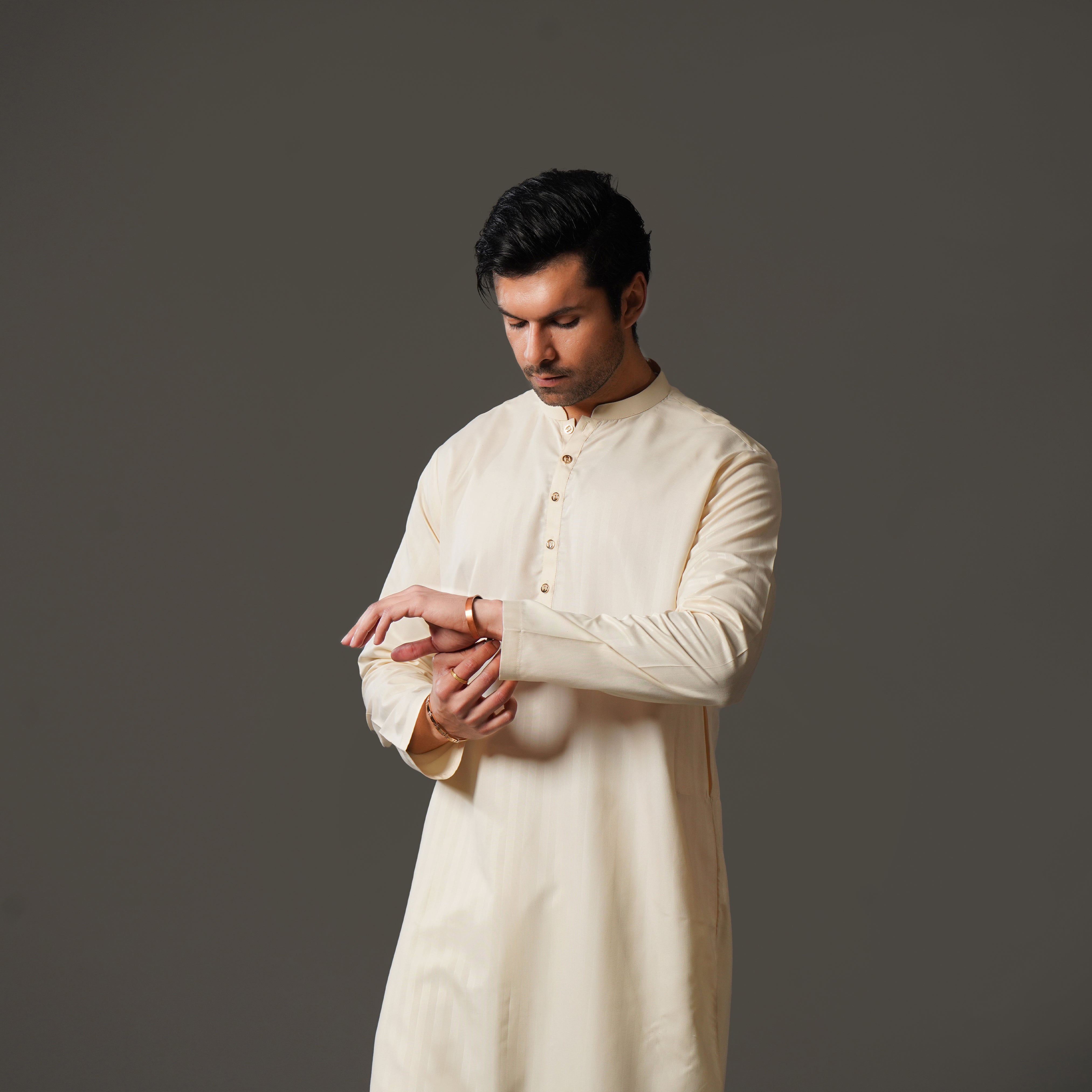 Beige Self-Lining Cotton Kurta