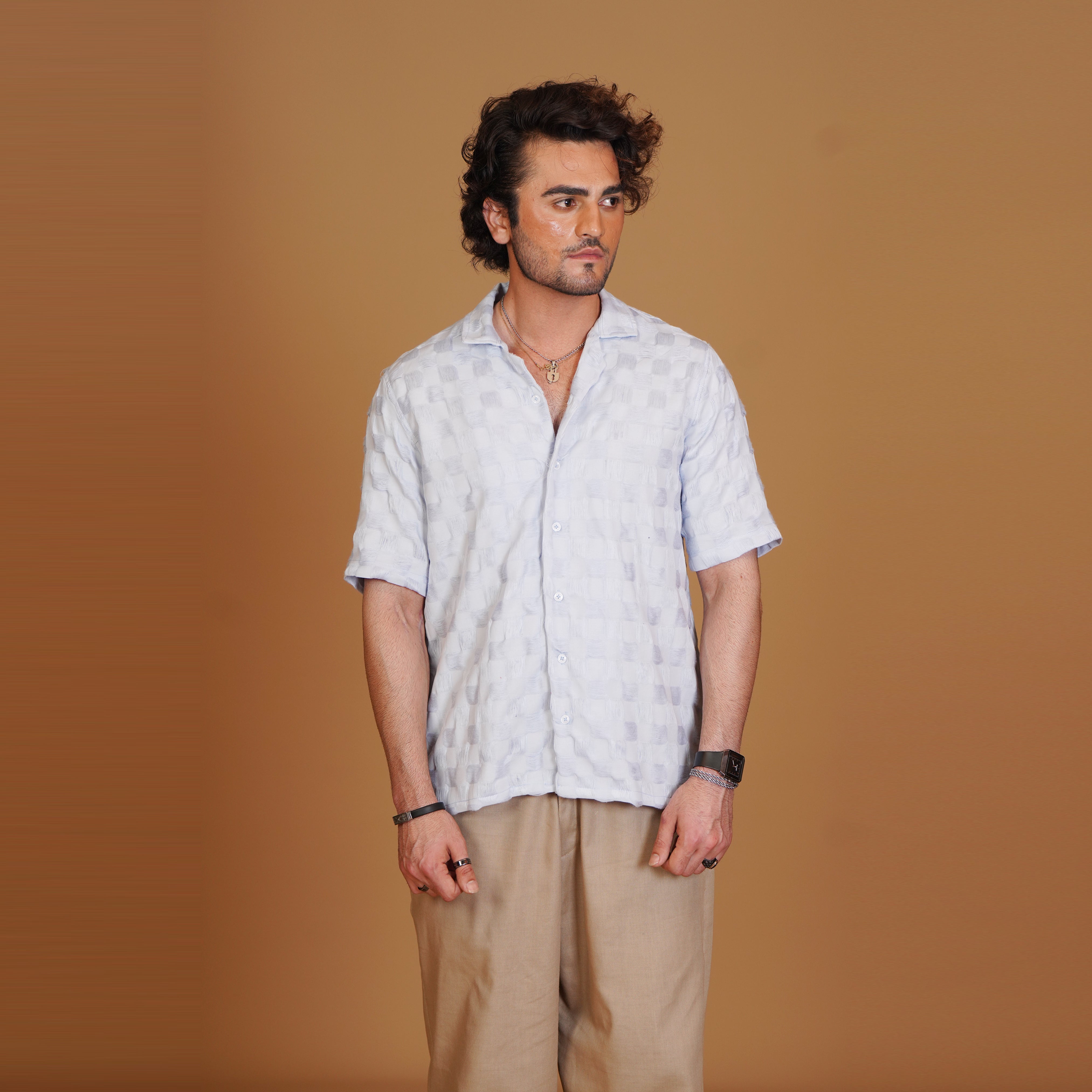 Box-Textured Resort Shirt & Khaki Pleated Trouser Coords Set