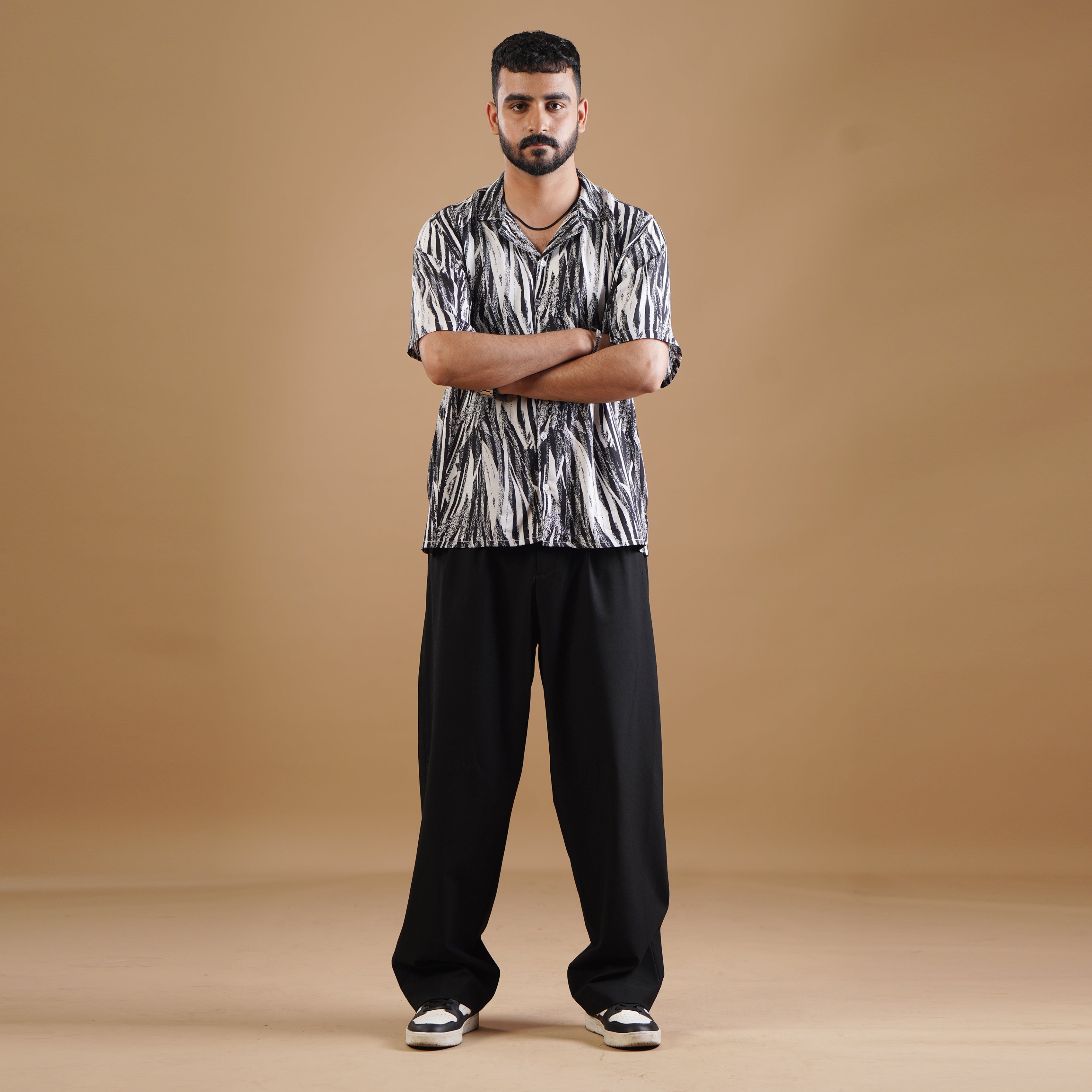 Grey Printed Shirt With Black Trouser Coords Set