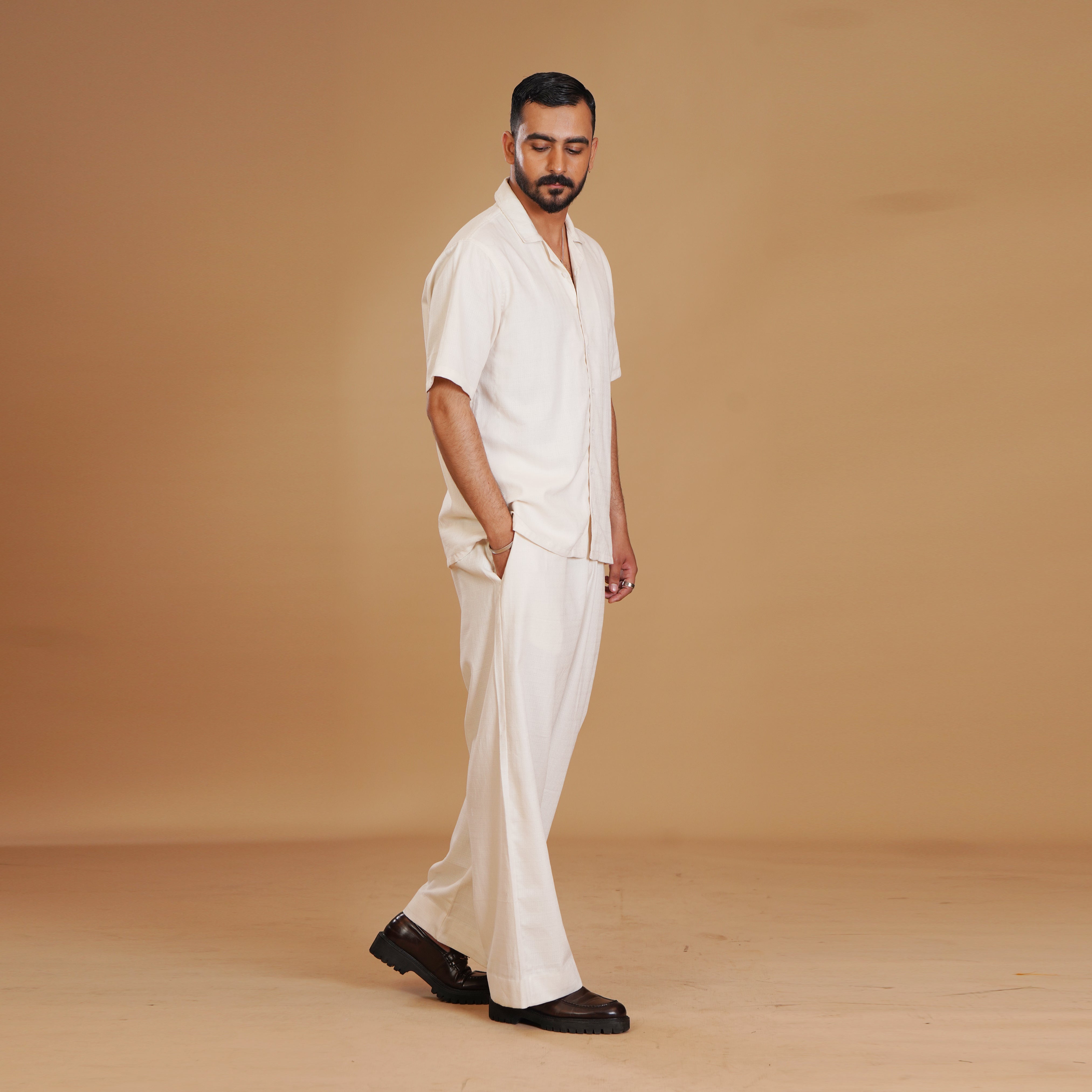White Cotton Premium Shirt & Tropical Trouser Coords Set