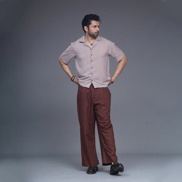 Beige Plain Resort Colar Shirt