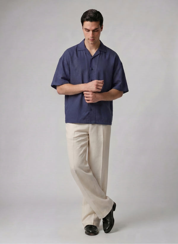 Men Navy Boxy-Fit Tropical Silk Shirt