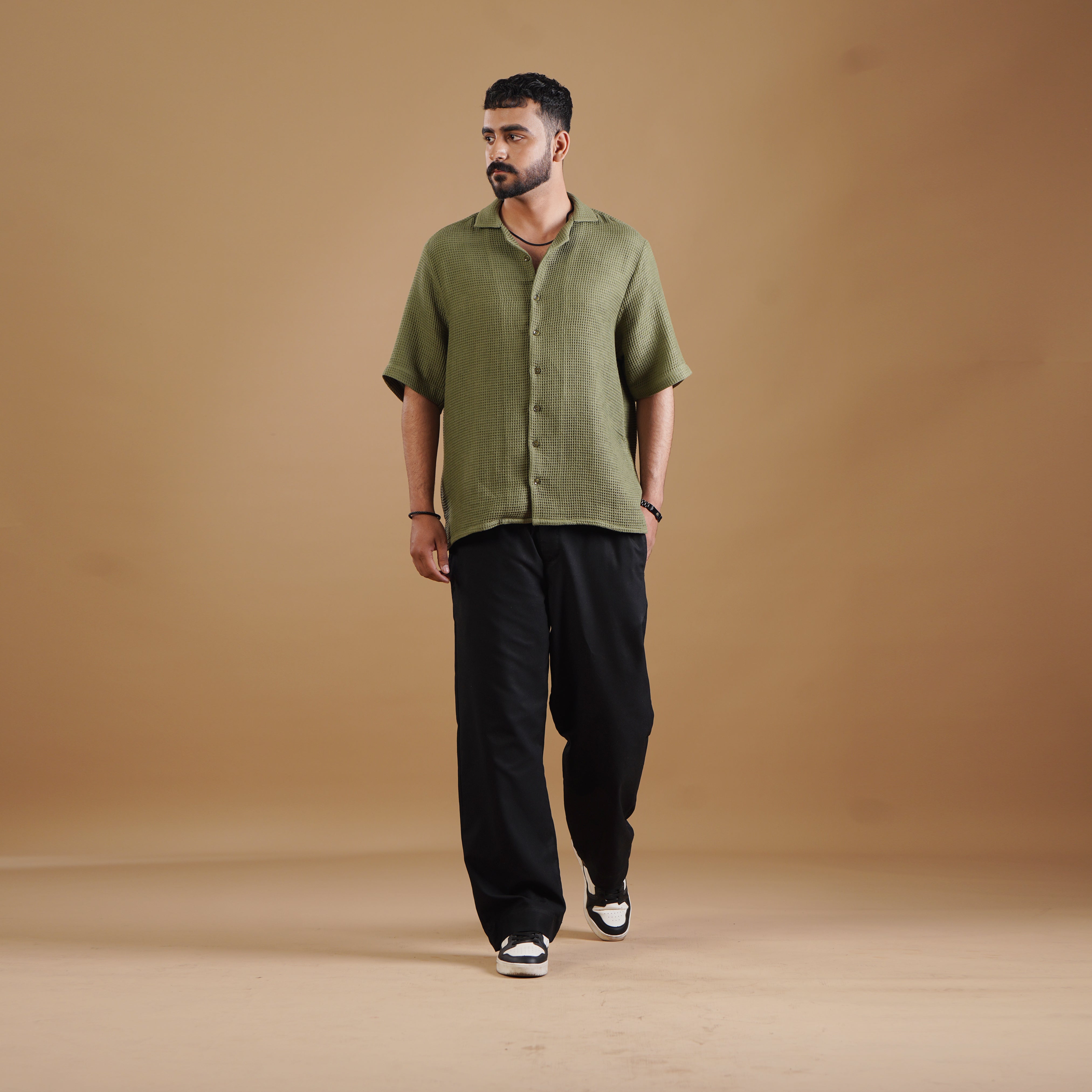 Subtle Textured Shirt & Black Pleated Trouser Coords Set