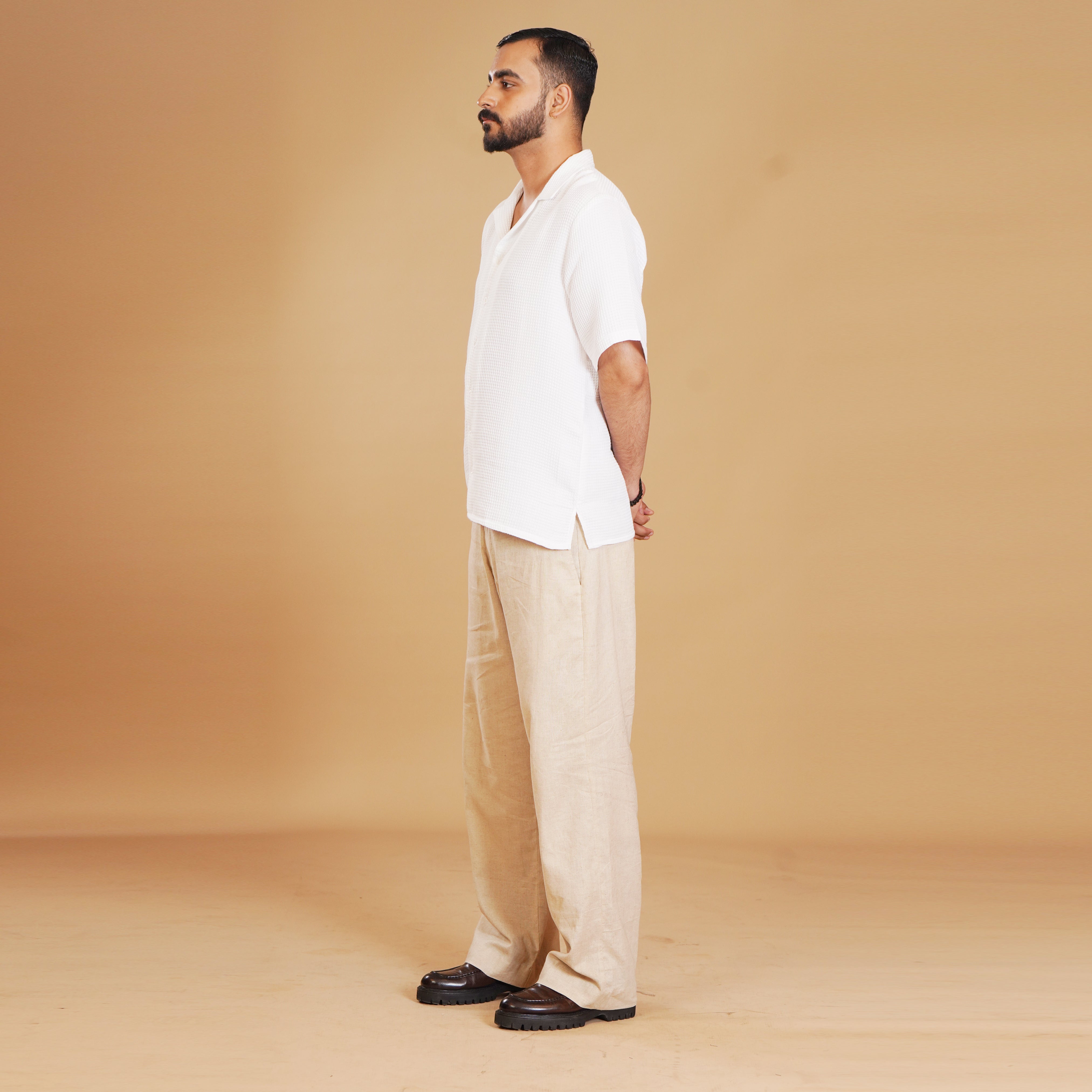 White Refined Textured Shirt & Ivory Pleated Trouser Coords Set
