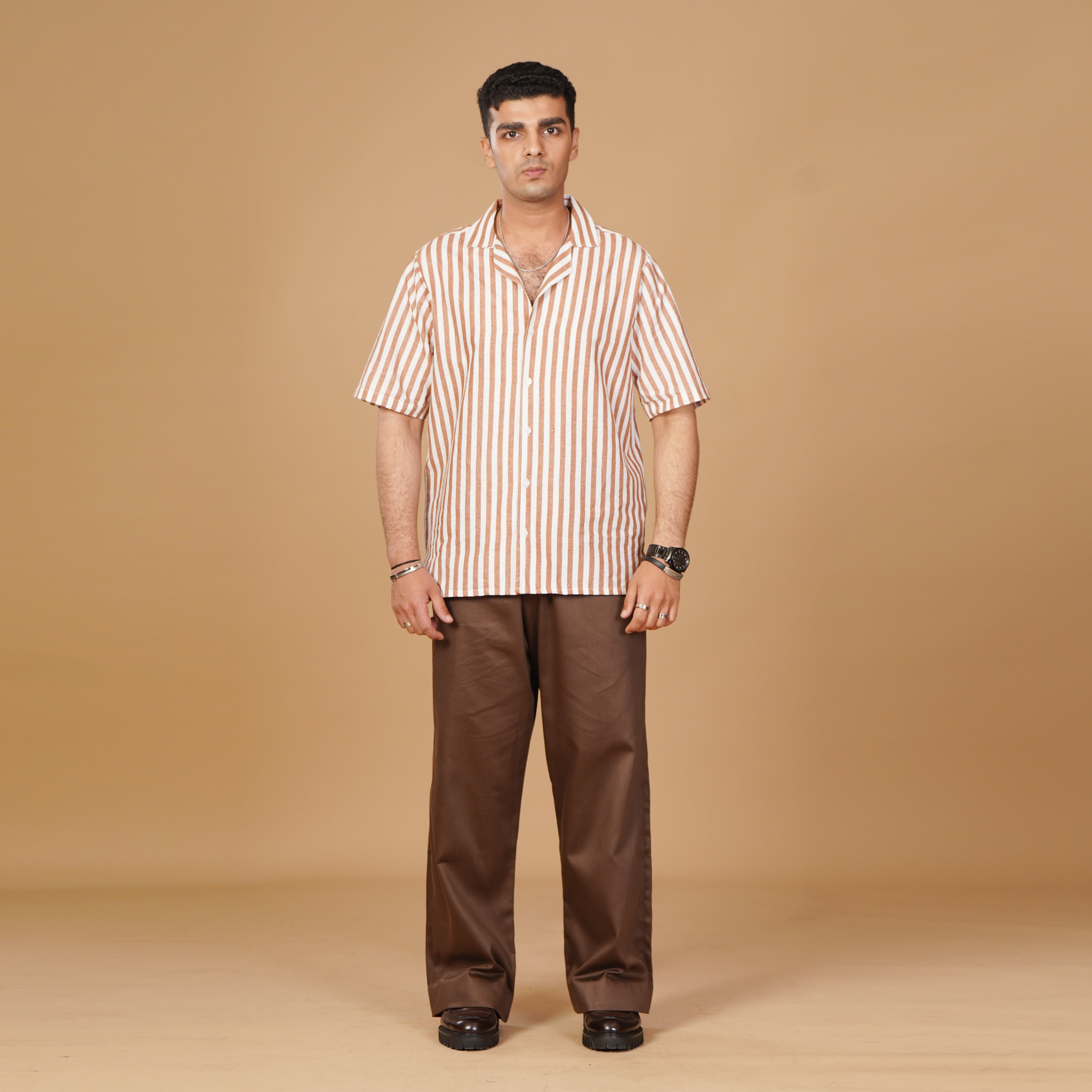 Classic Striped Pattern Shirt & Brown Pleated Trouser Coords Set