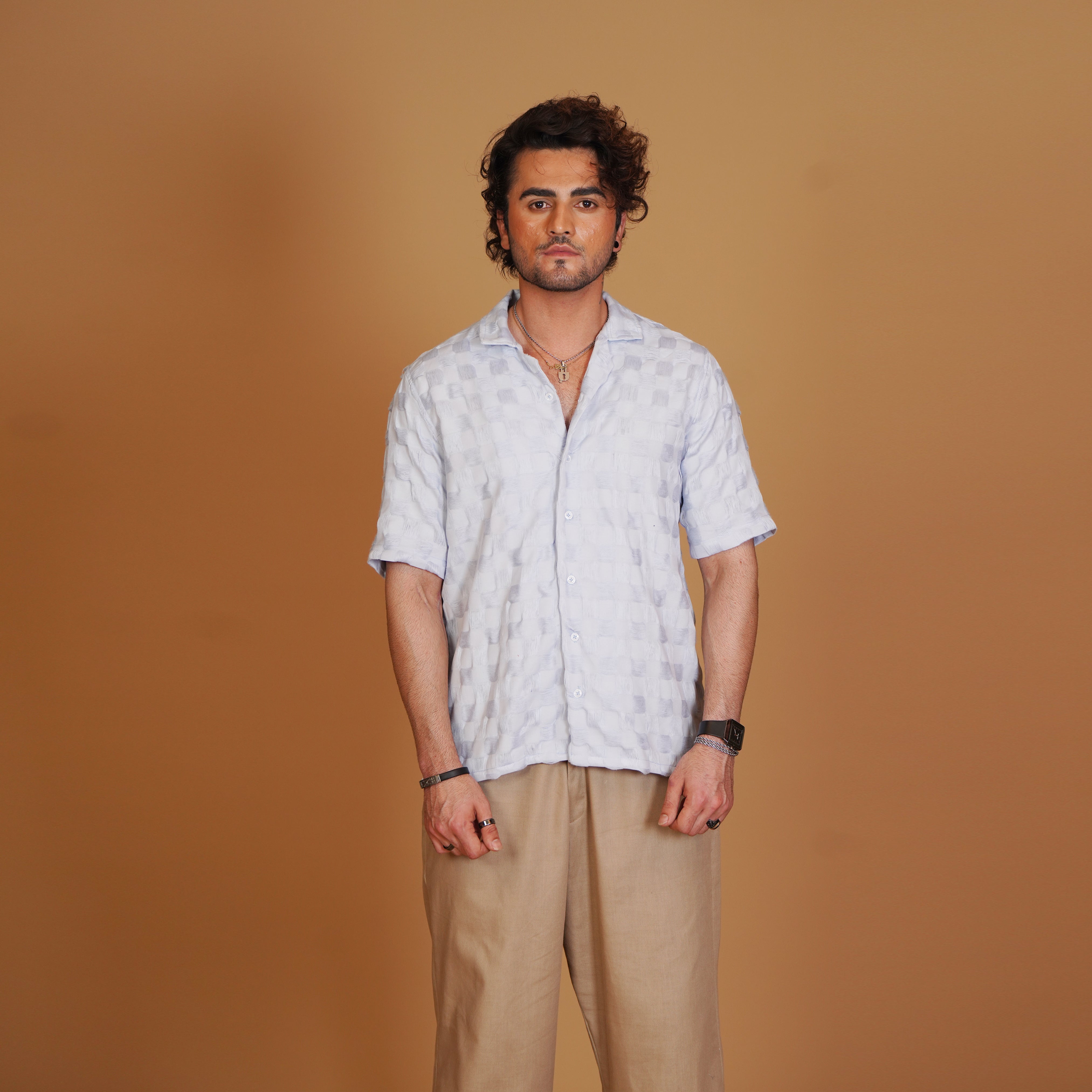 Box-Textured Resort Shirt & Khaki Pleated Trouser Coords Set