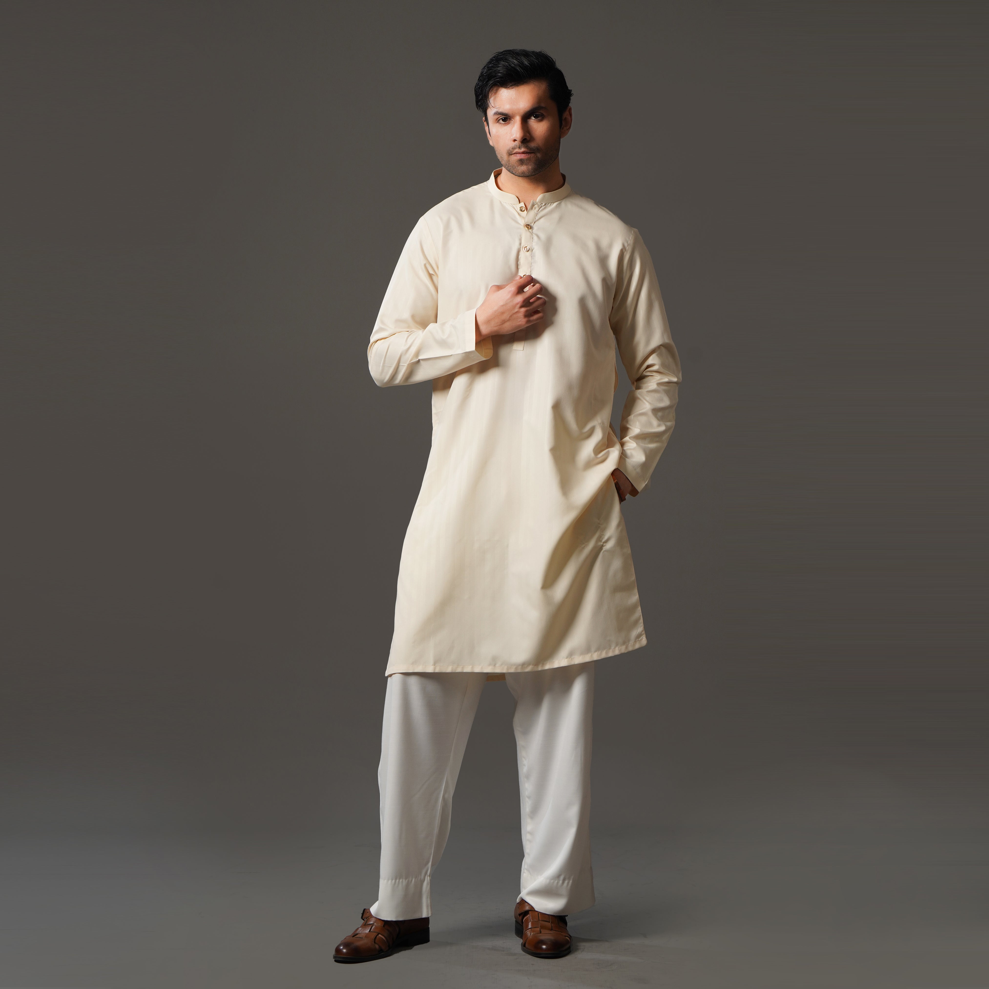 Beige Self-Lining Cotton Kurta