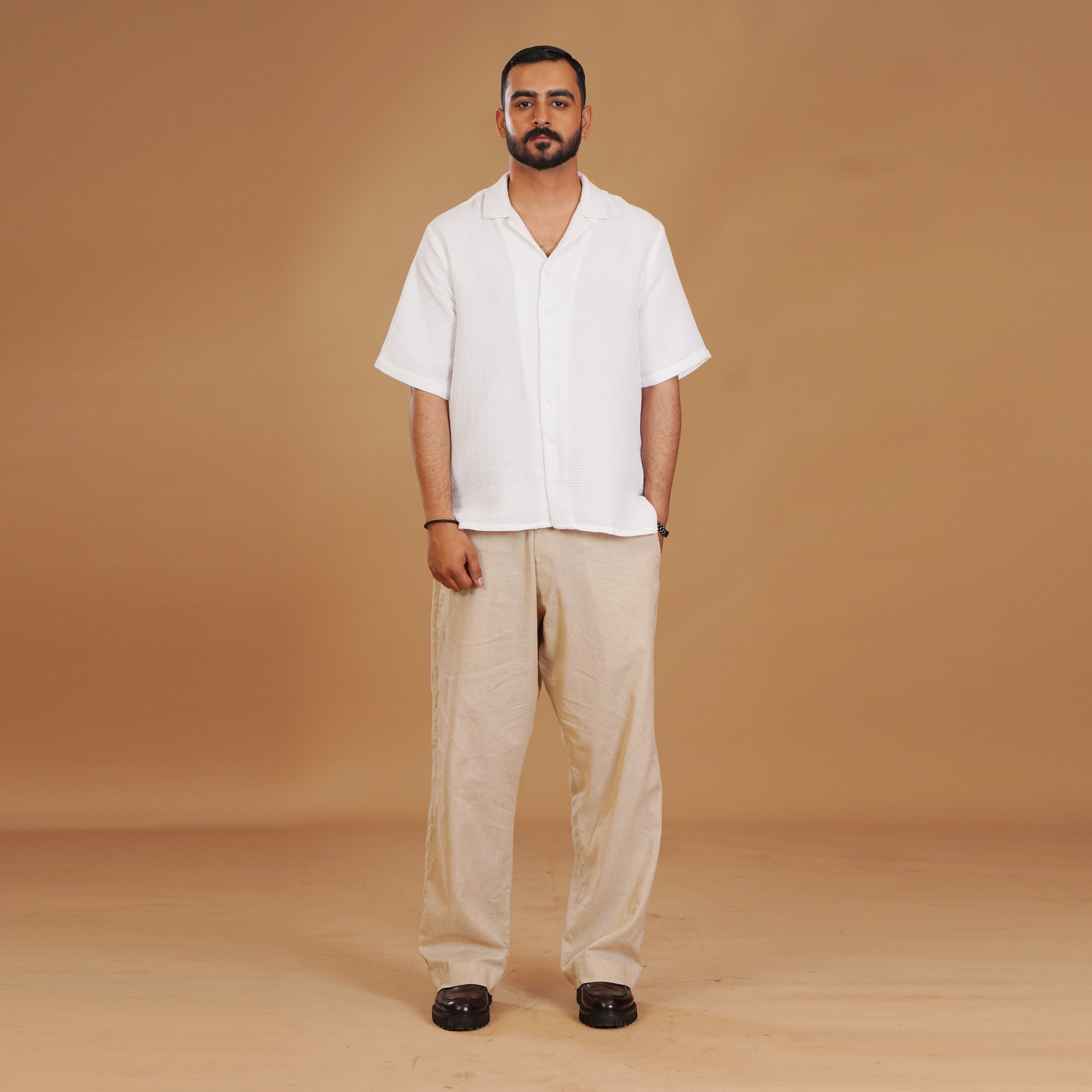 White Refined Textured Shirt & Ivory Pleated Trouser Coords Set