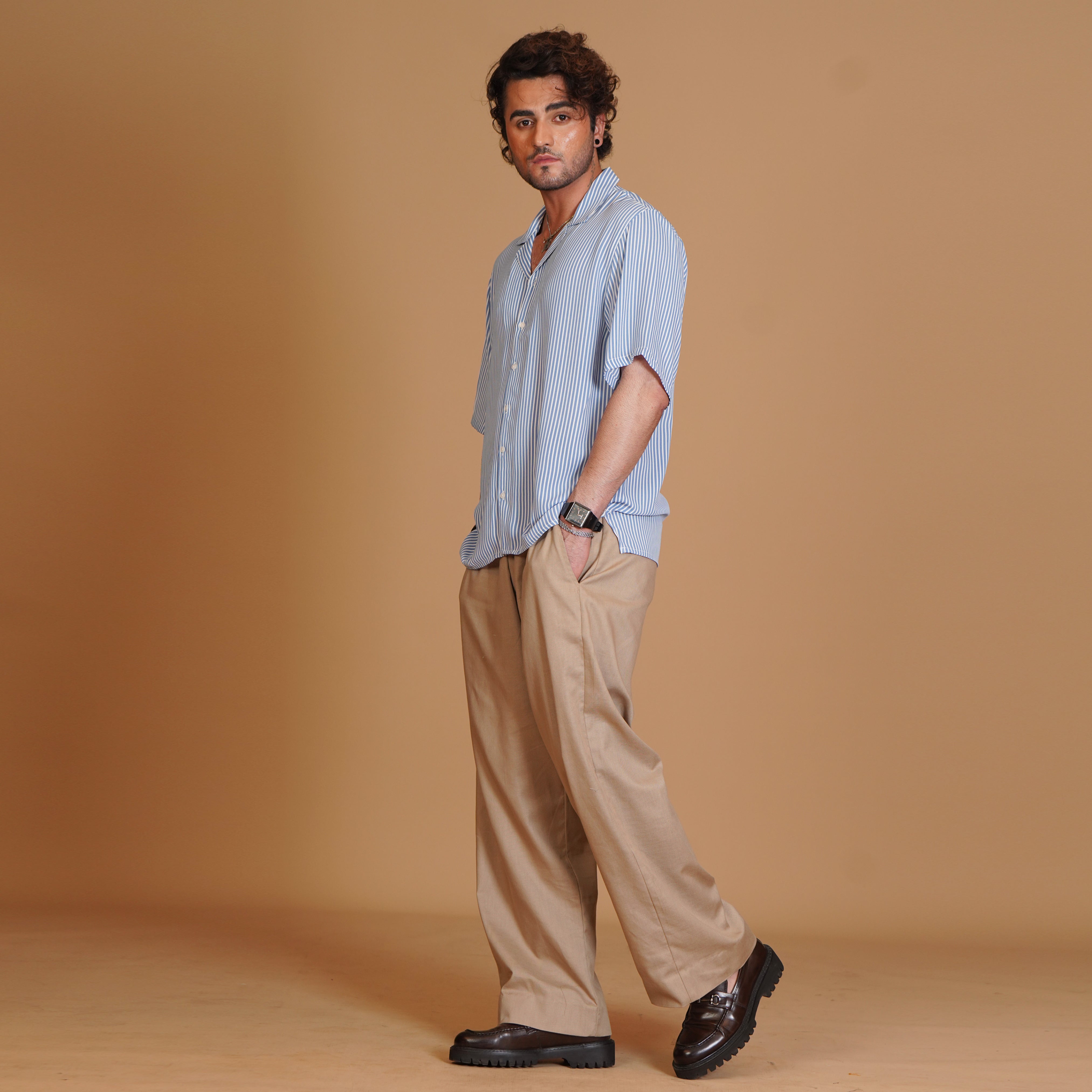 Sky Blue Resort Shirt & Khaki Pleated Trouser Coords