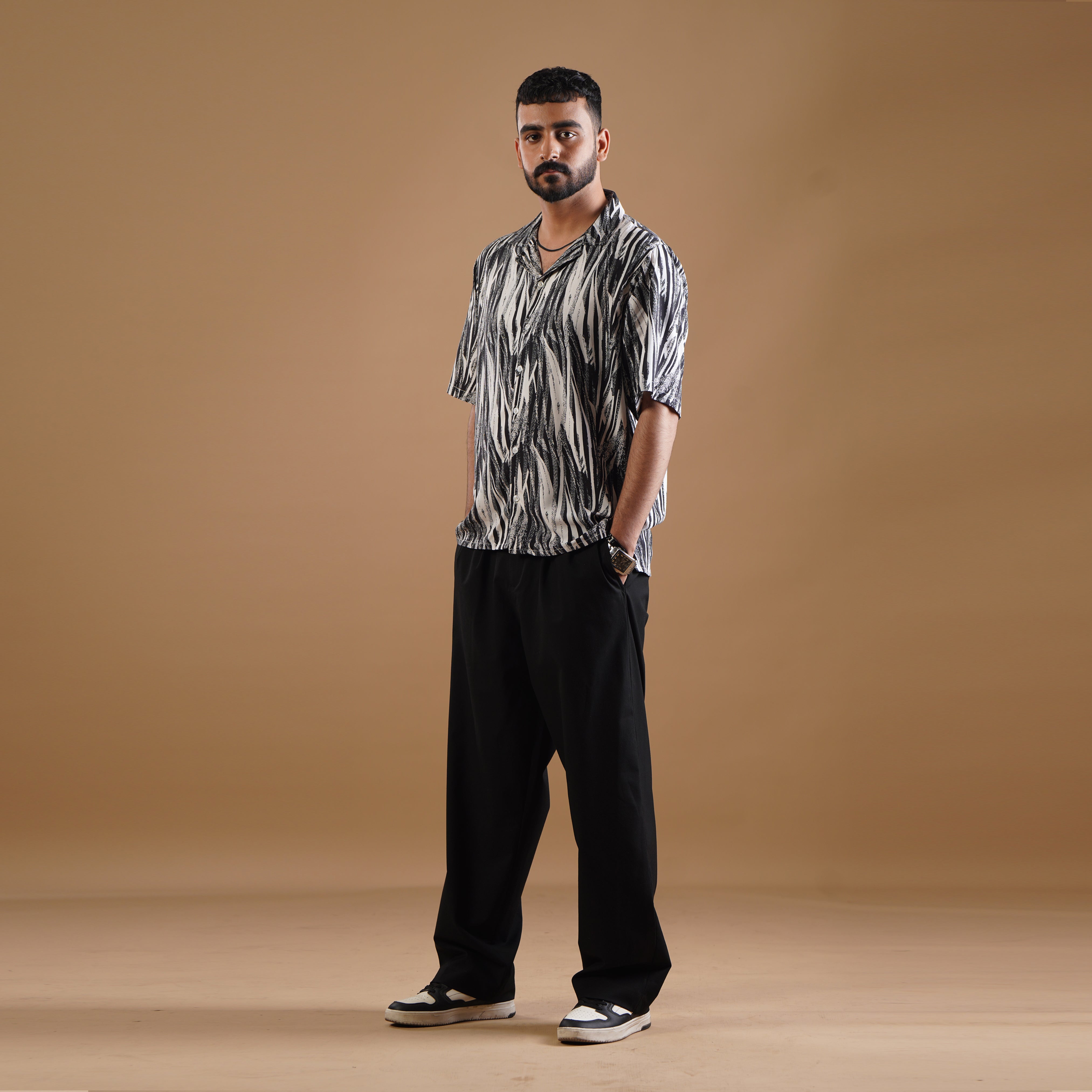 Grey Printed Shirt With Black Trouser Coords Set
