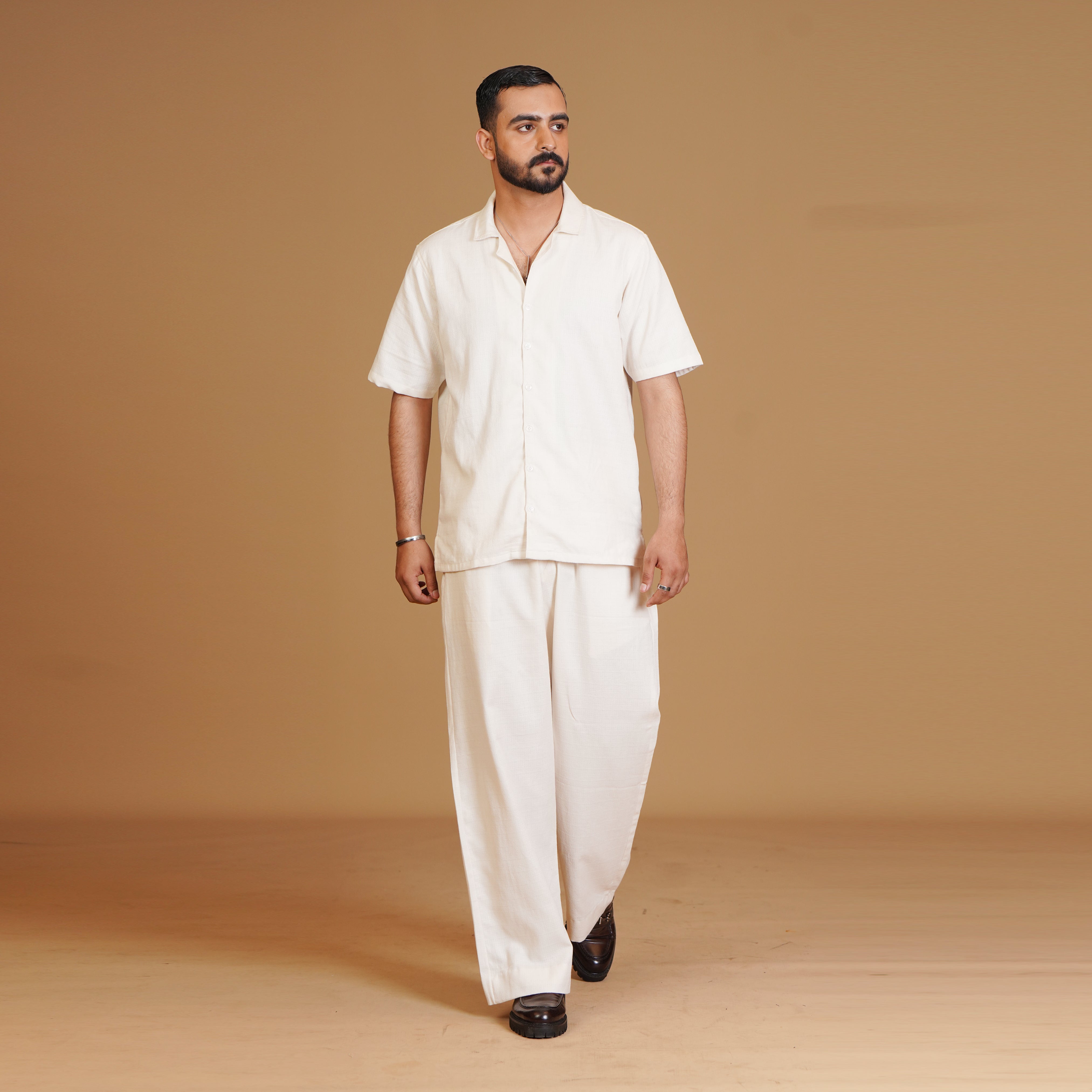 White Cotton Premium Shirt & Tropical Trouser Coords Set