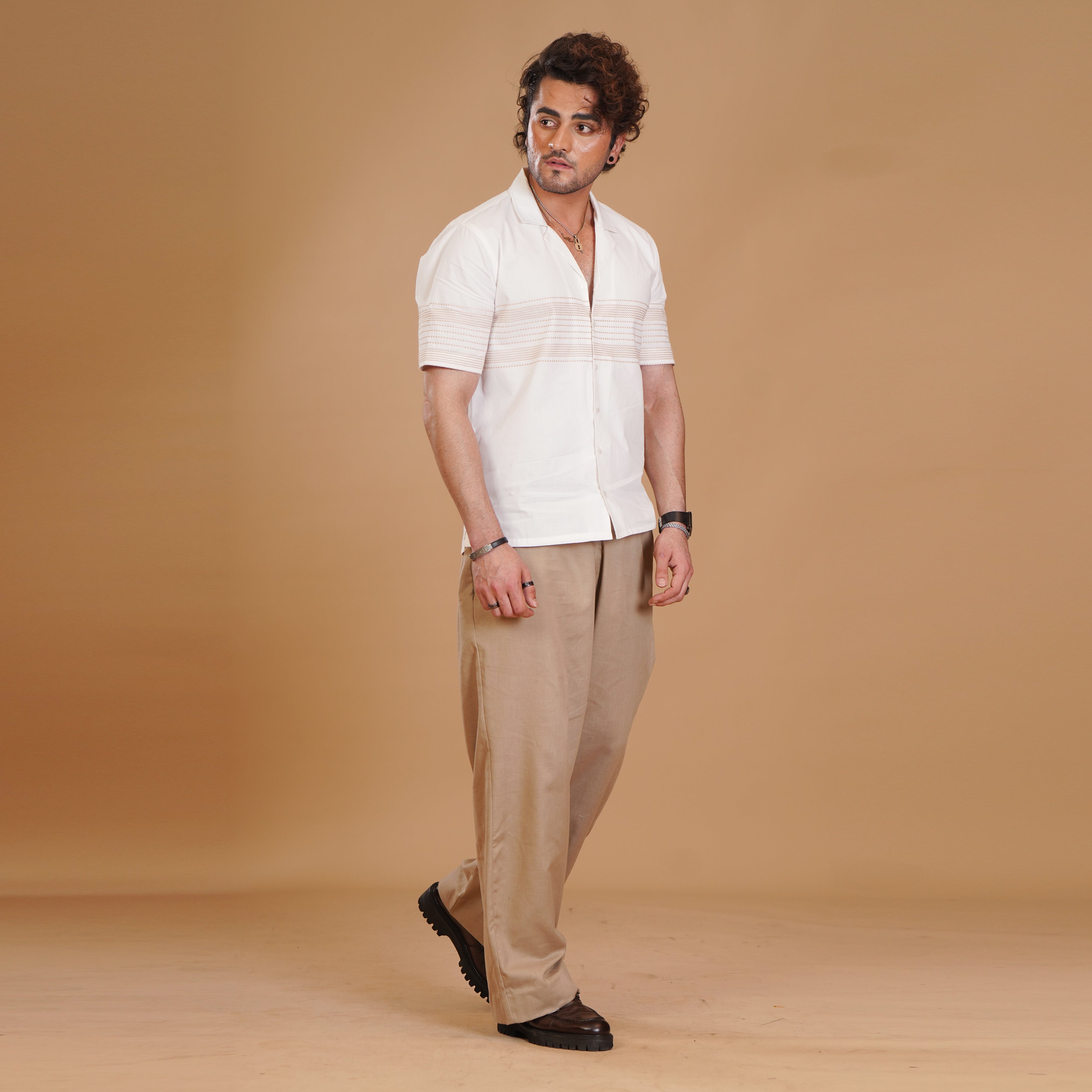 Bold Vertical Stripe Shirt & Khaki Pleated Trouser Coords Set