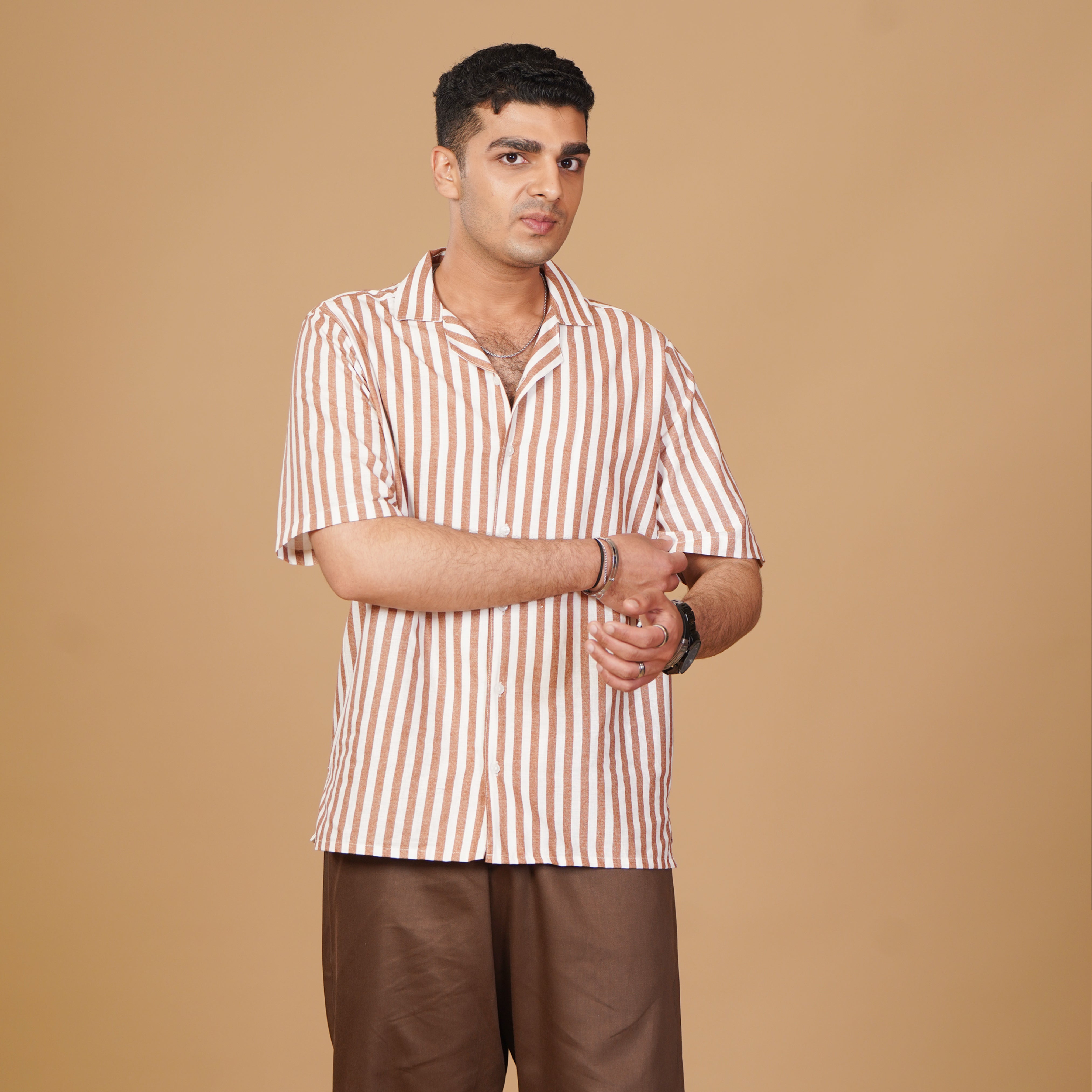 Classic Striped Pattern Shirt & Brown Pleated Trouser Coords Set