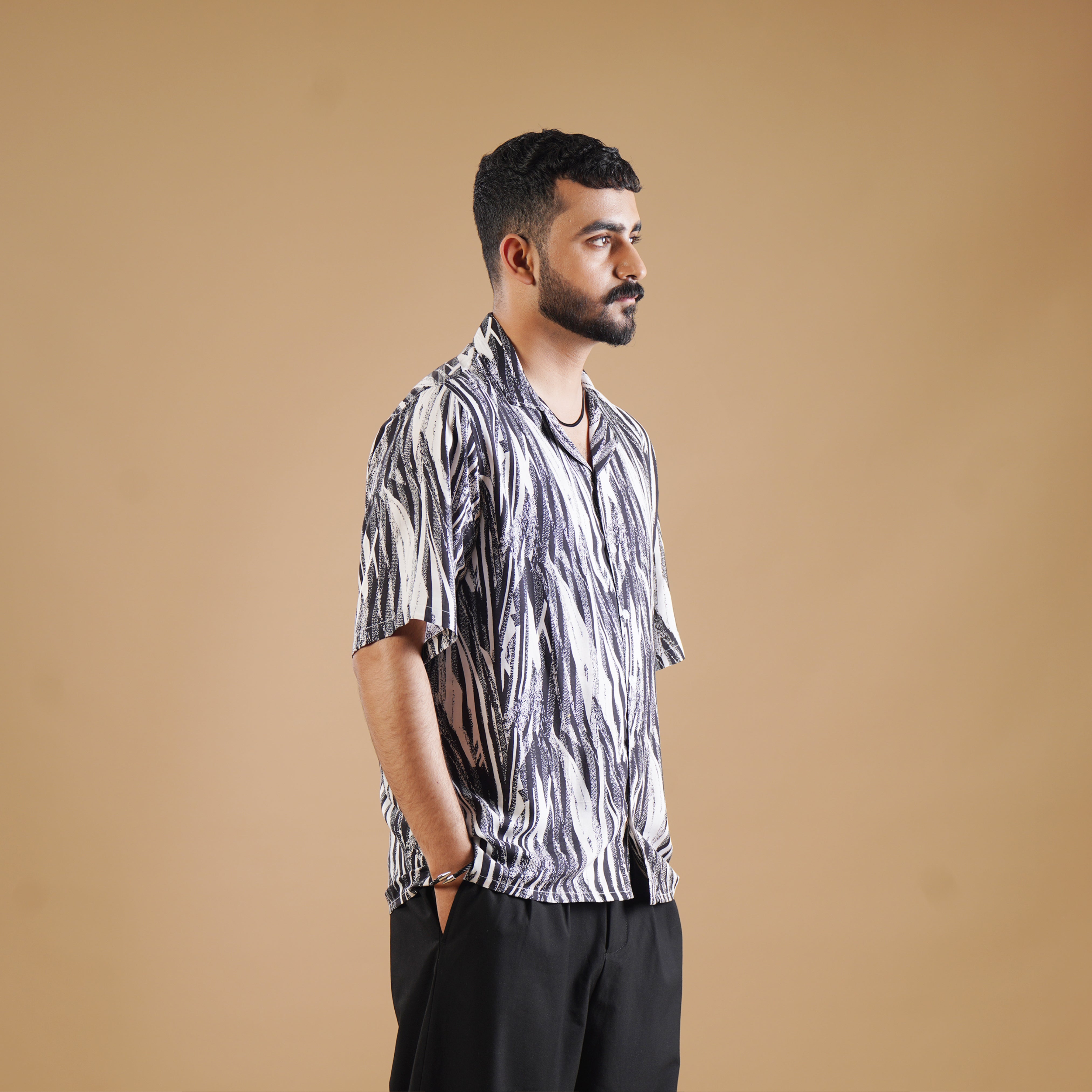 Grey Printed Shirt With Black Trouser Coords Set
