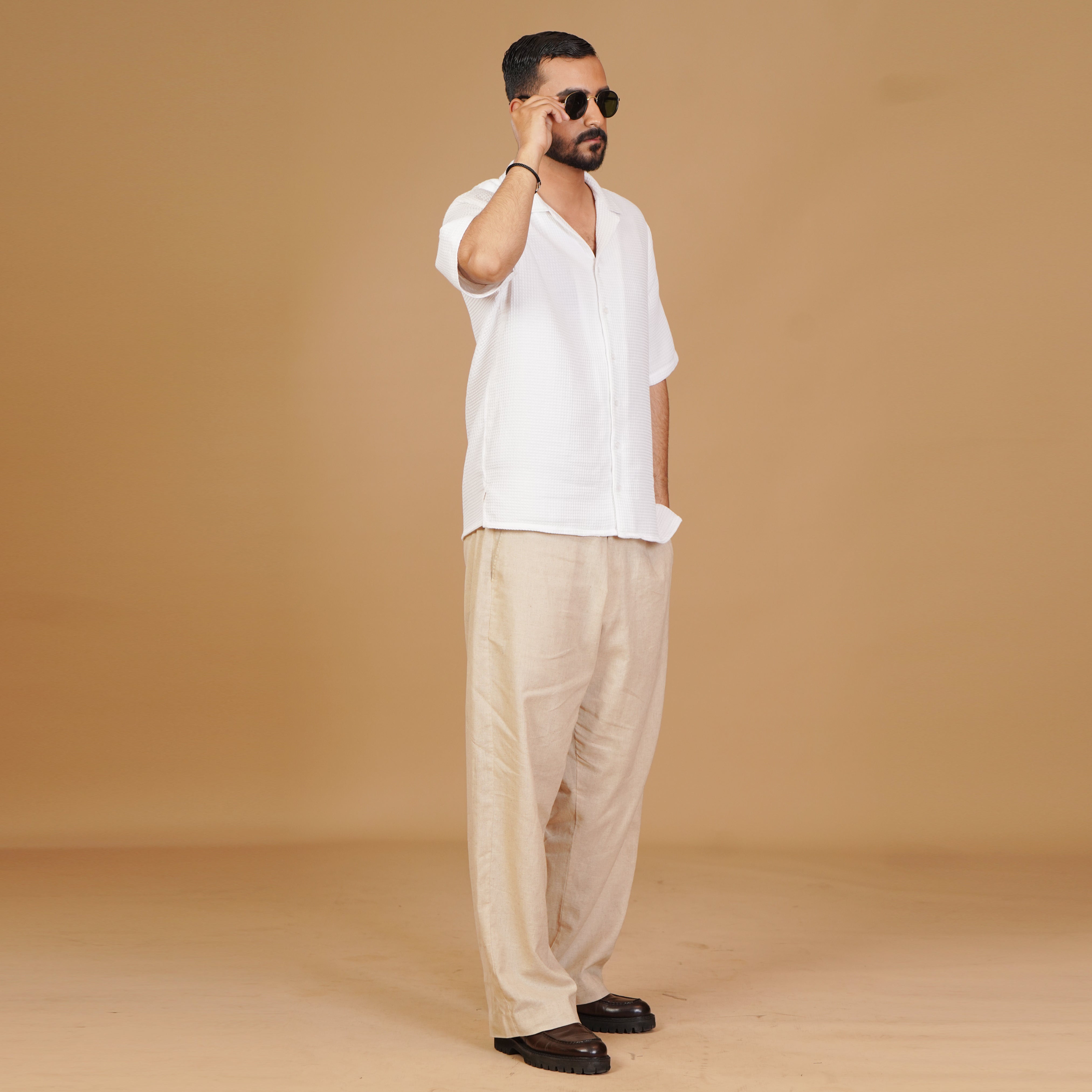 White Refined Textured Shirt & Ivory Pleated Trouser Coords Set