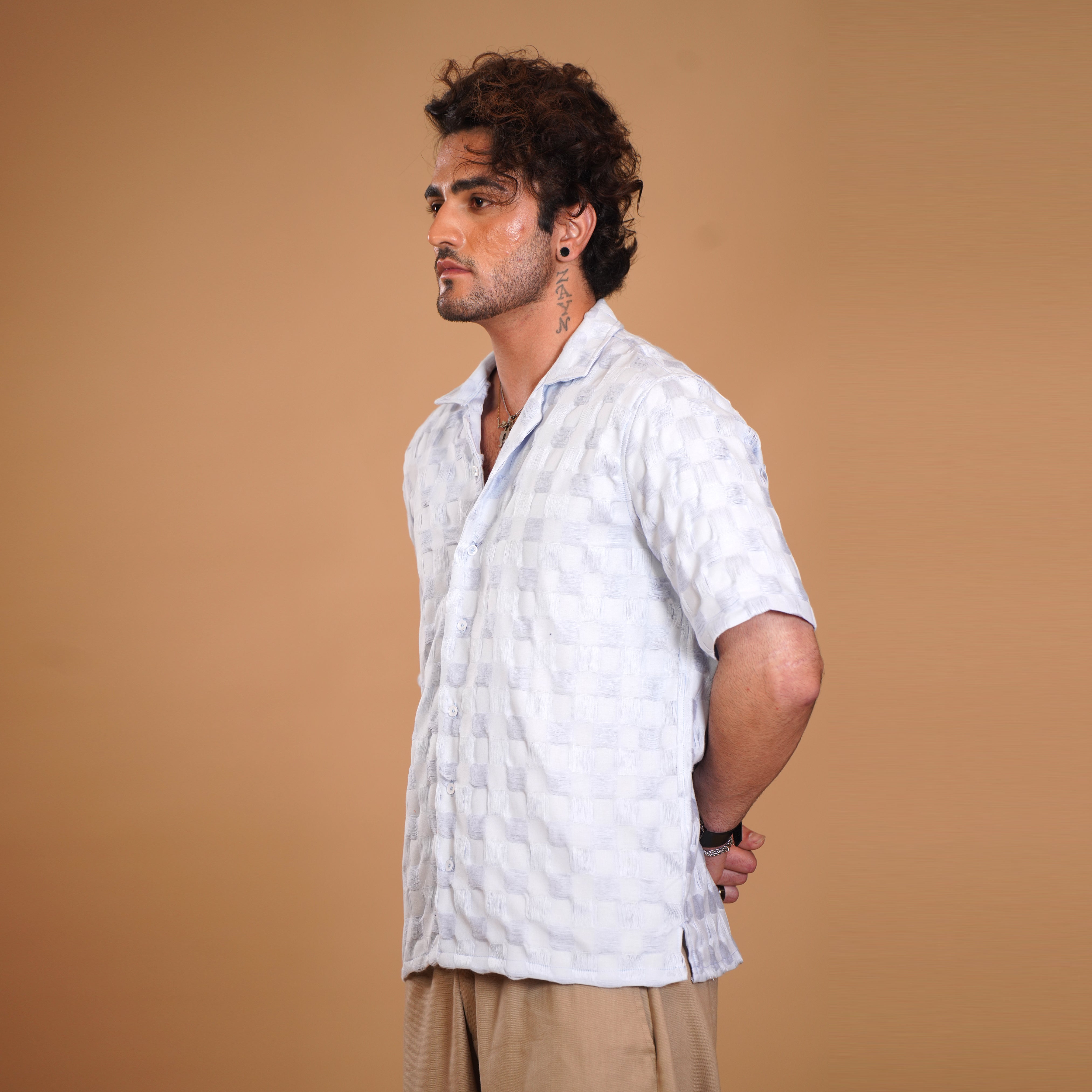 Box-Textured Resort Shirt & Khaki Pleated Trouser Coords Set