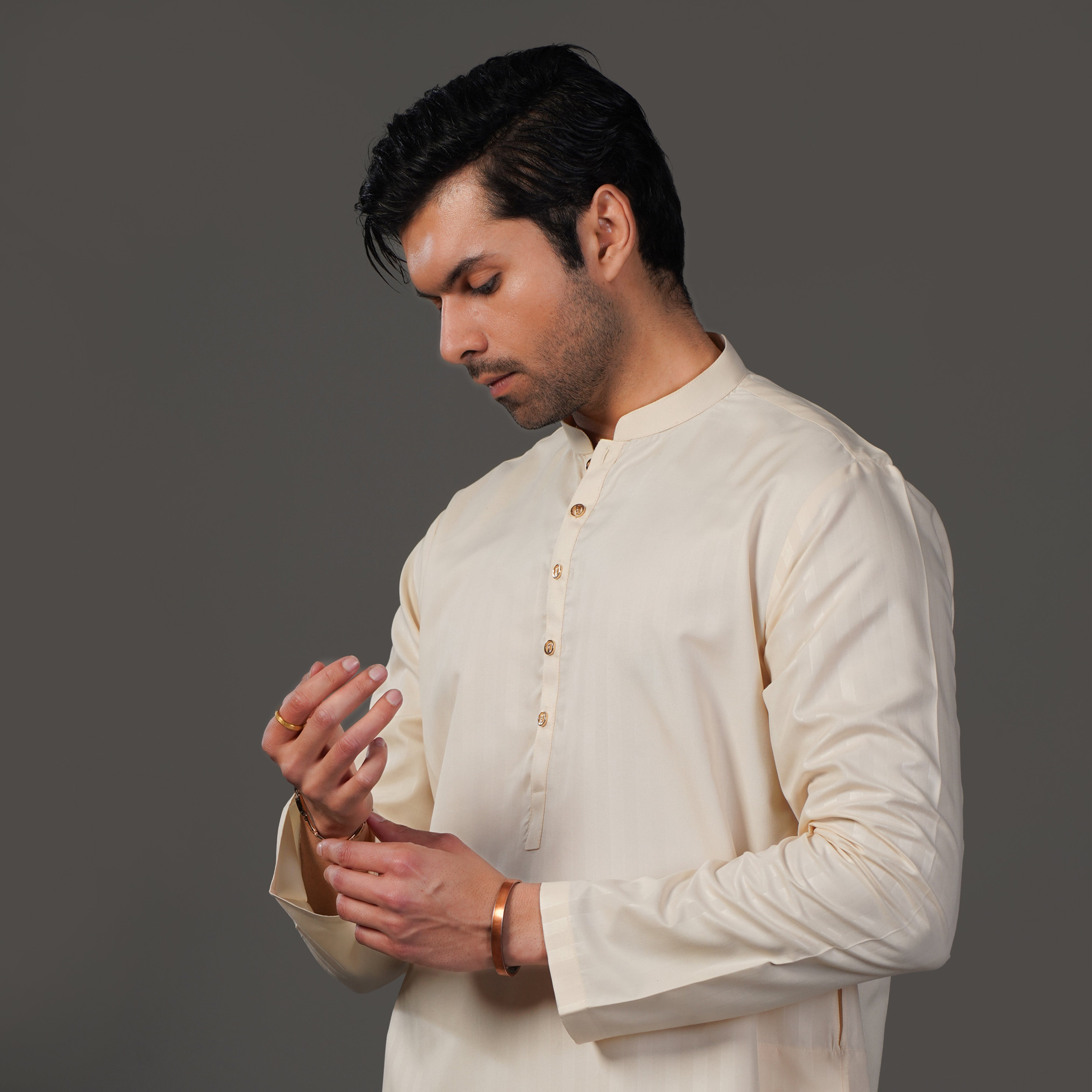 Beige Self-Lining Cotton Kurta