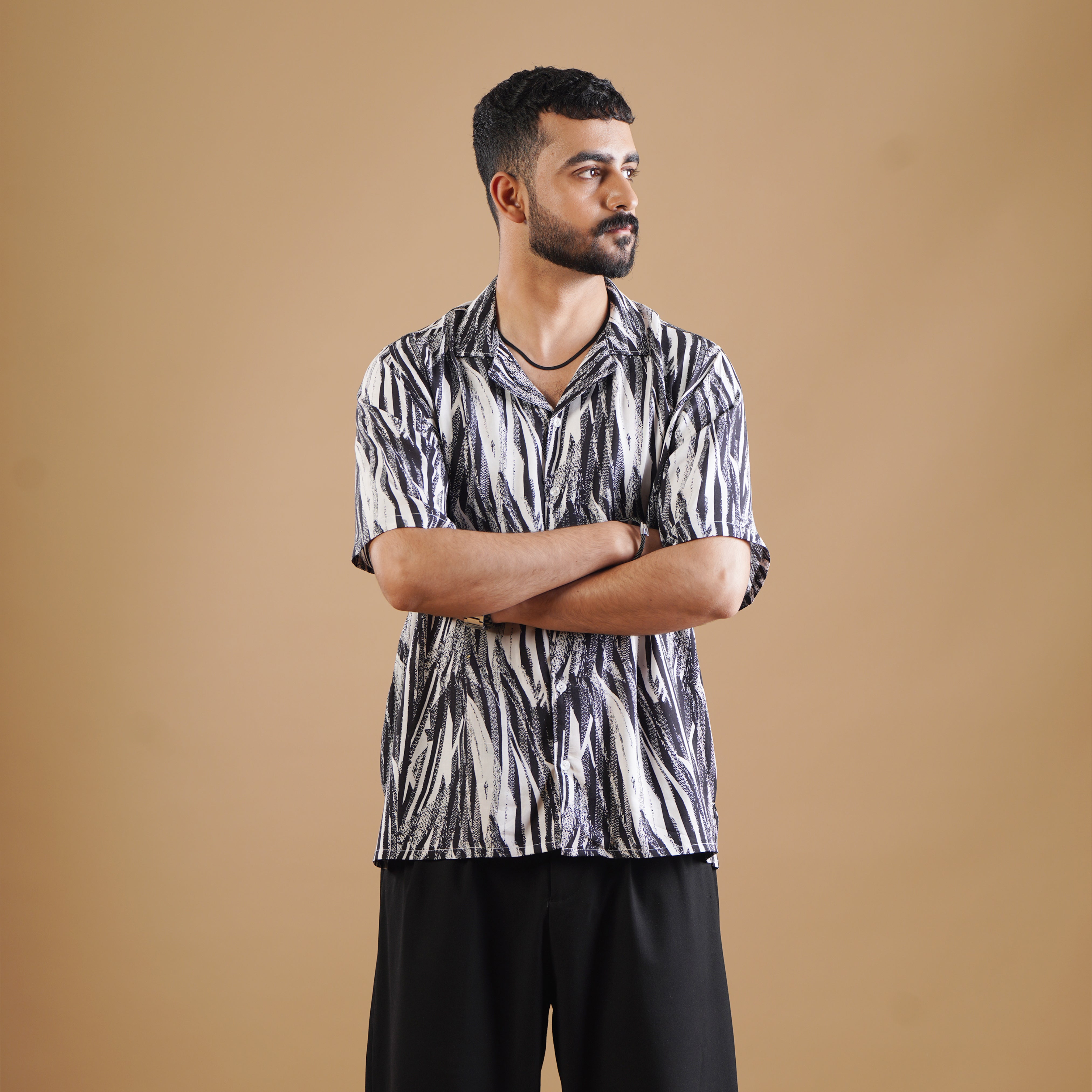 Grey Printed Shirt With Black Trouser Coords Set