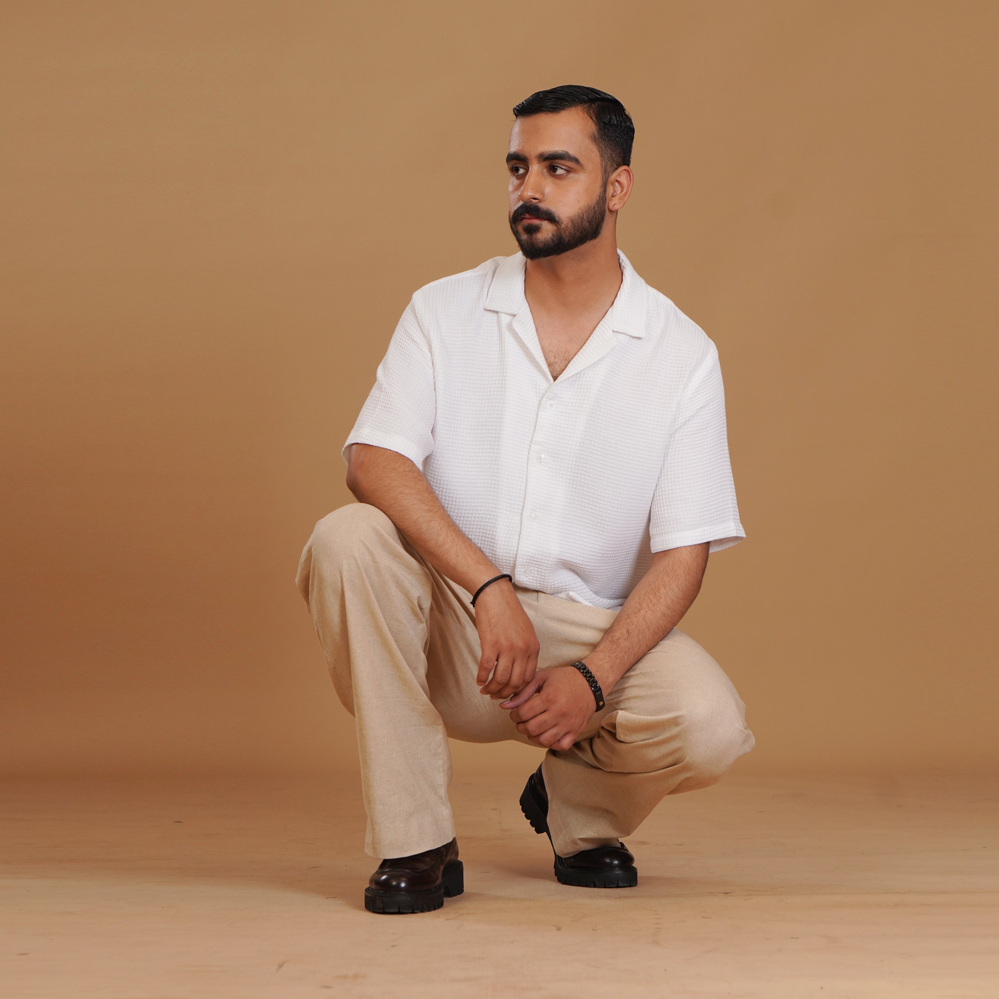 White Refined Textured Shirt & Ivory Pleated Trouser Coords Set