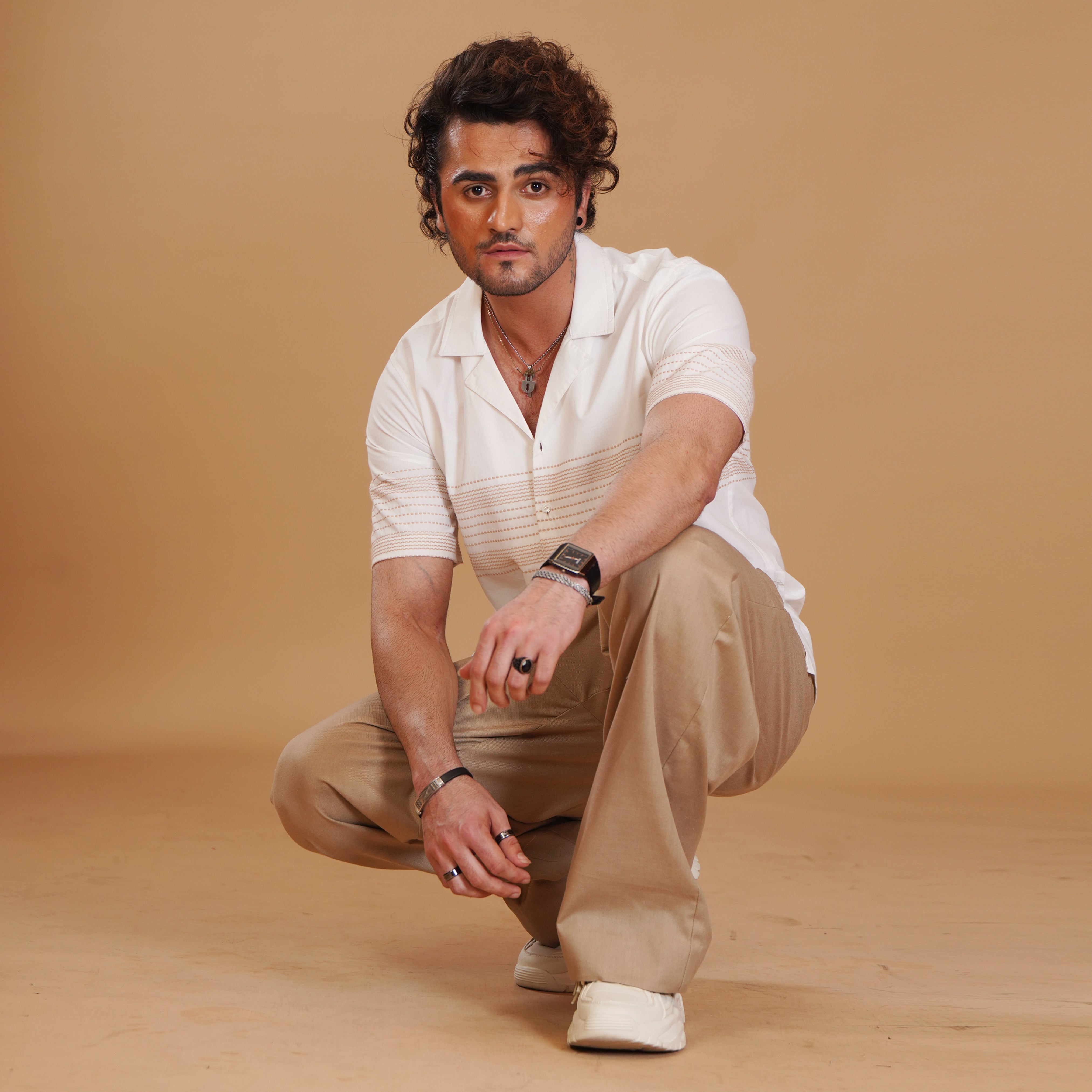 Bold Vertical Stripe Shirt & Khaki Pleated Trouser Coords Set