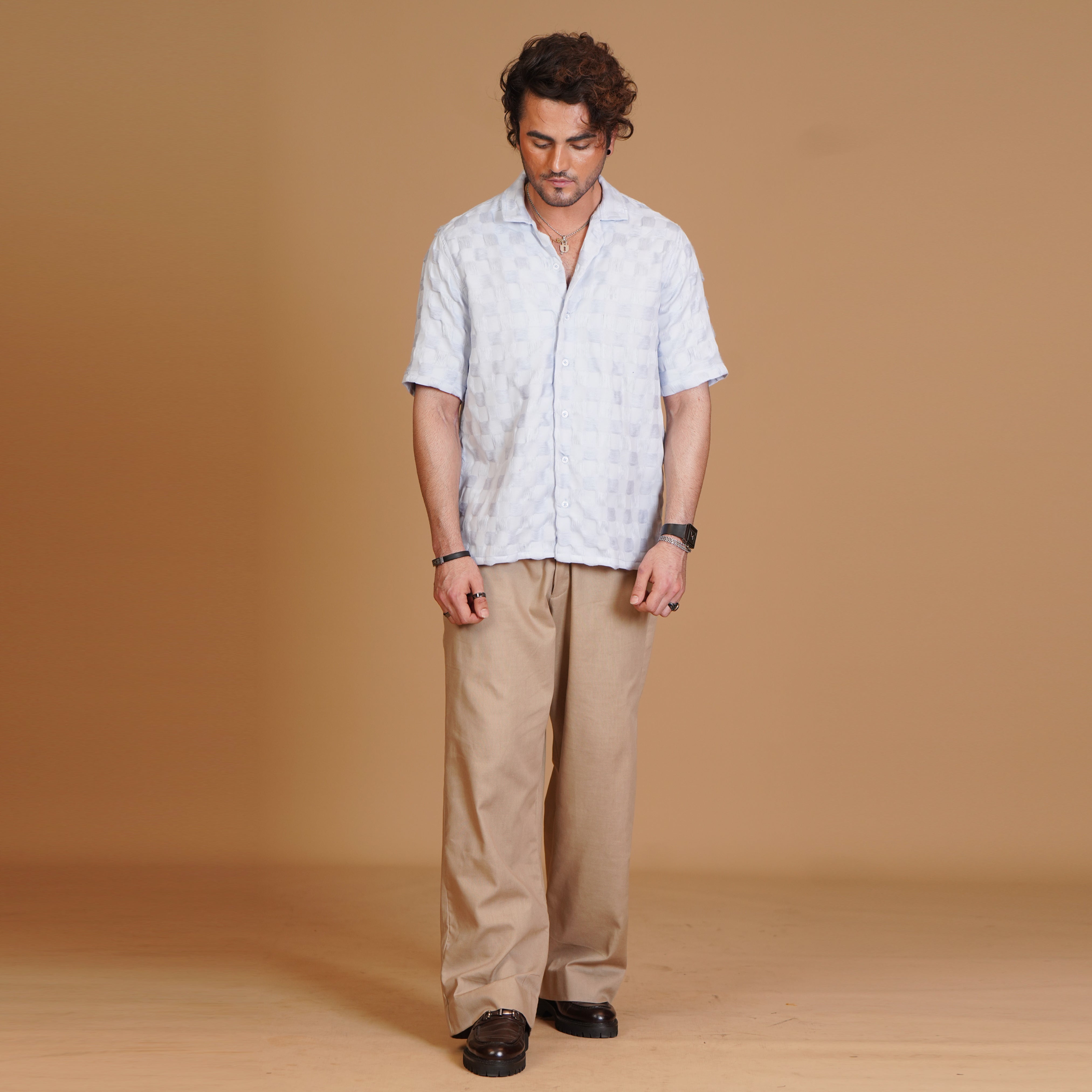 Box-Textured Resort Shirt & Khaki Pleated Trouser Coords Set