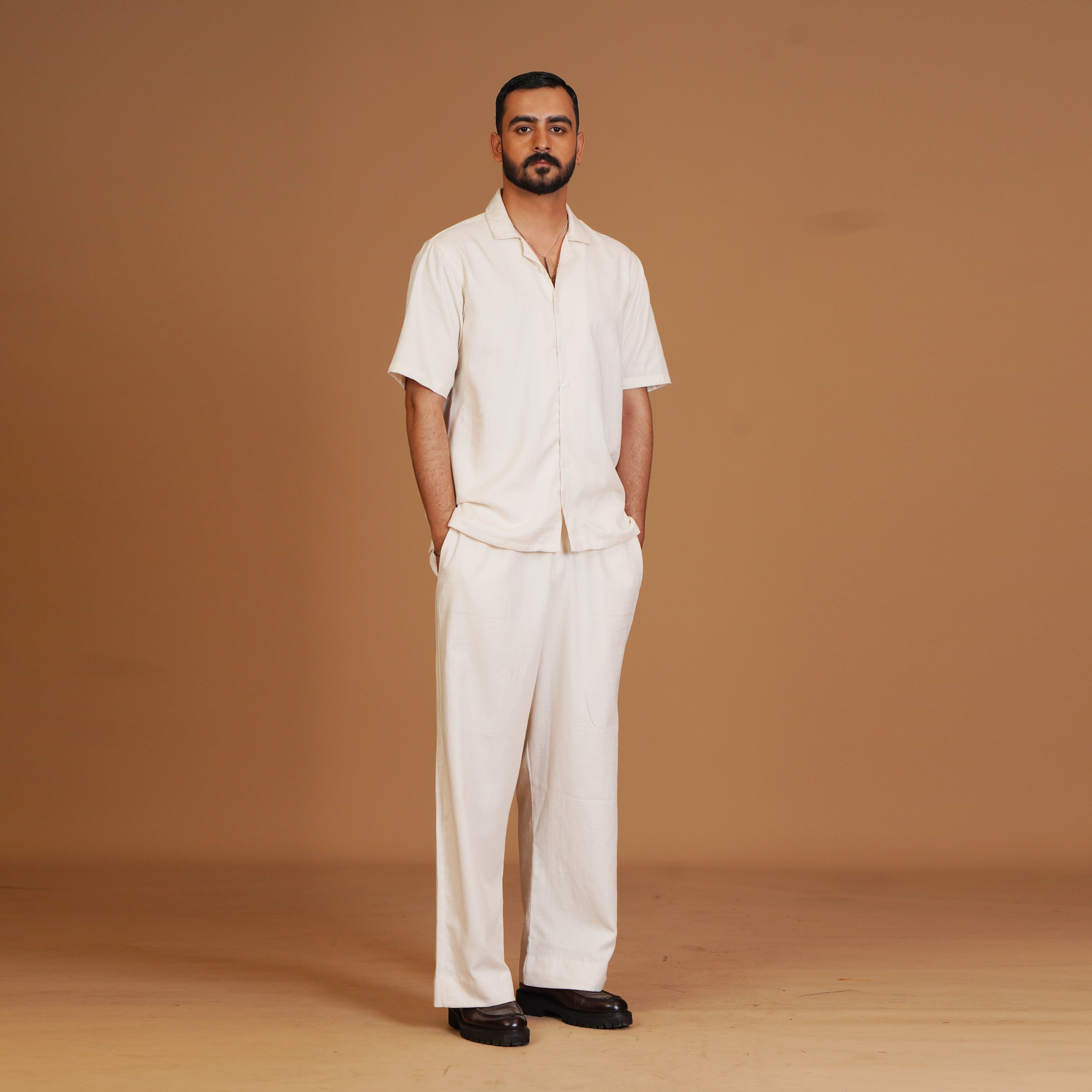 White Cotton Premium Shirt & Tropical Trouser Coords Set