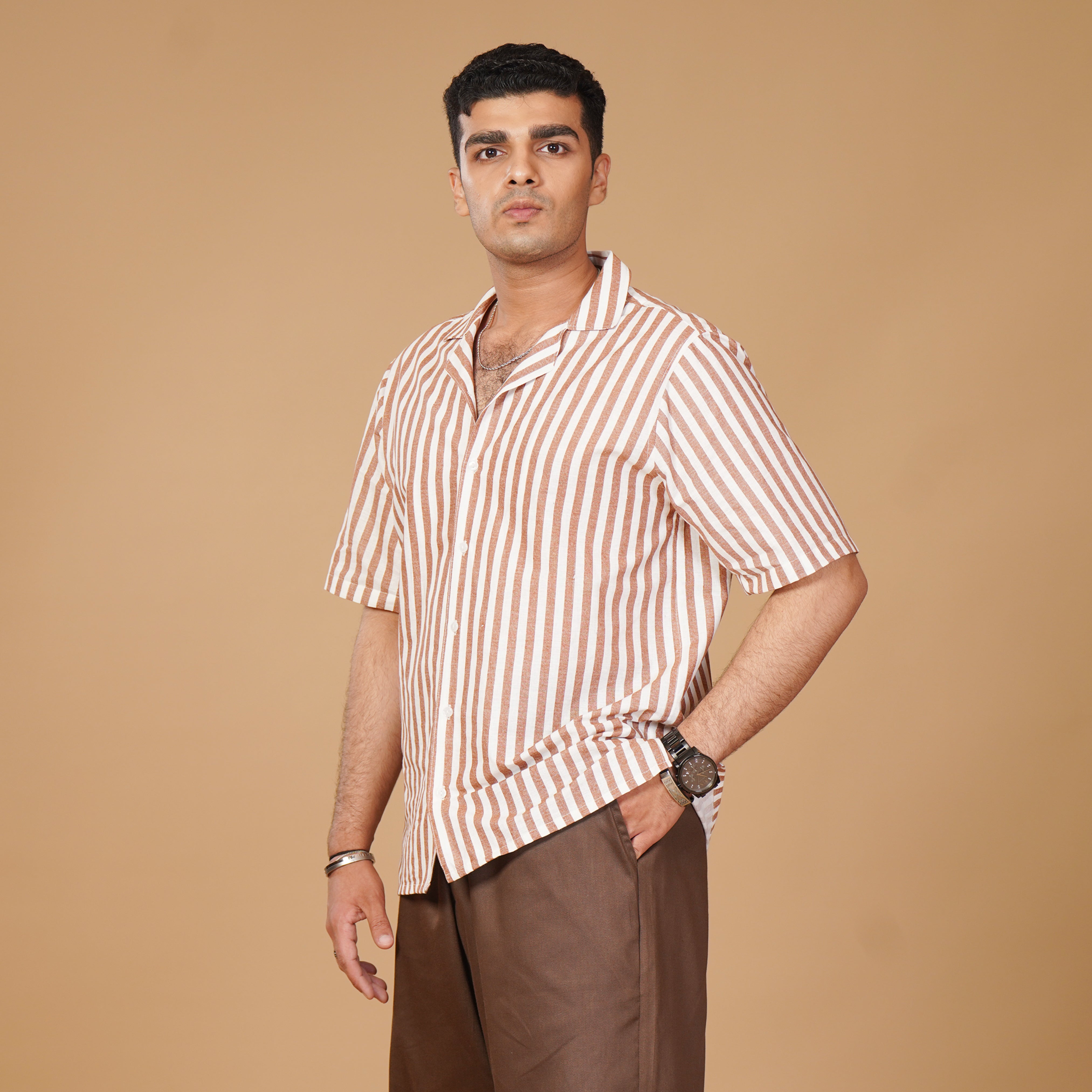 Classic Striped Pattern Shirt & Brown Pleated Trouser Coords Set