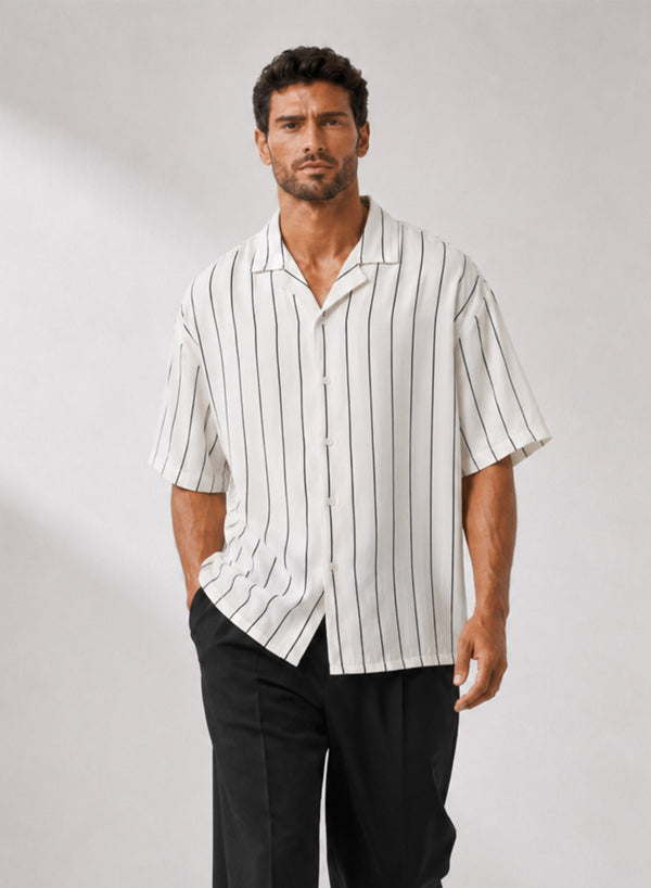 Men White - Striped Linen Shirt