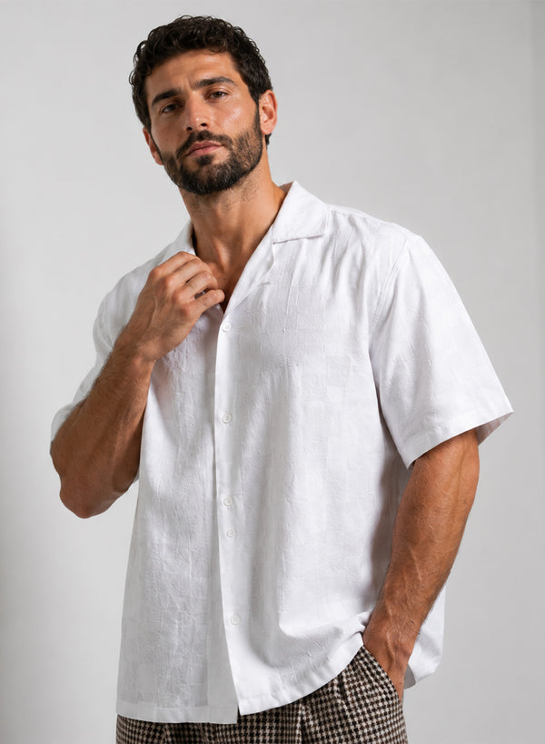 Men White - Self-Rod Silk Shirt